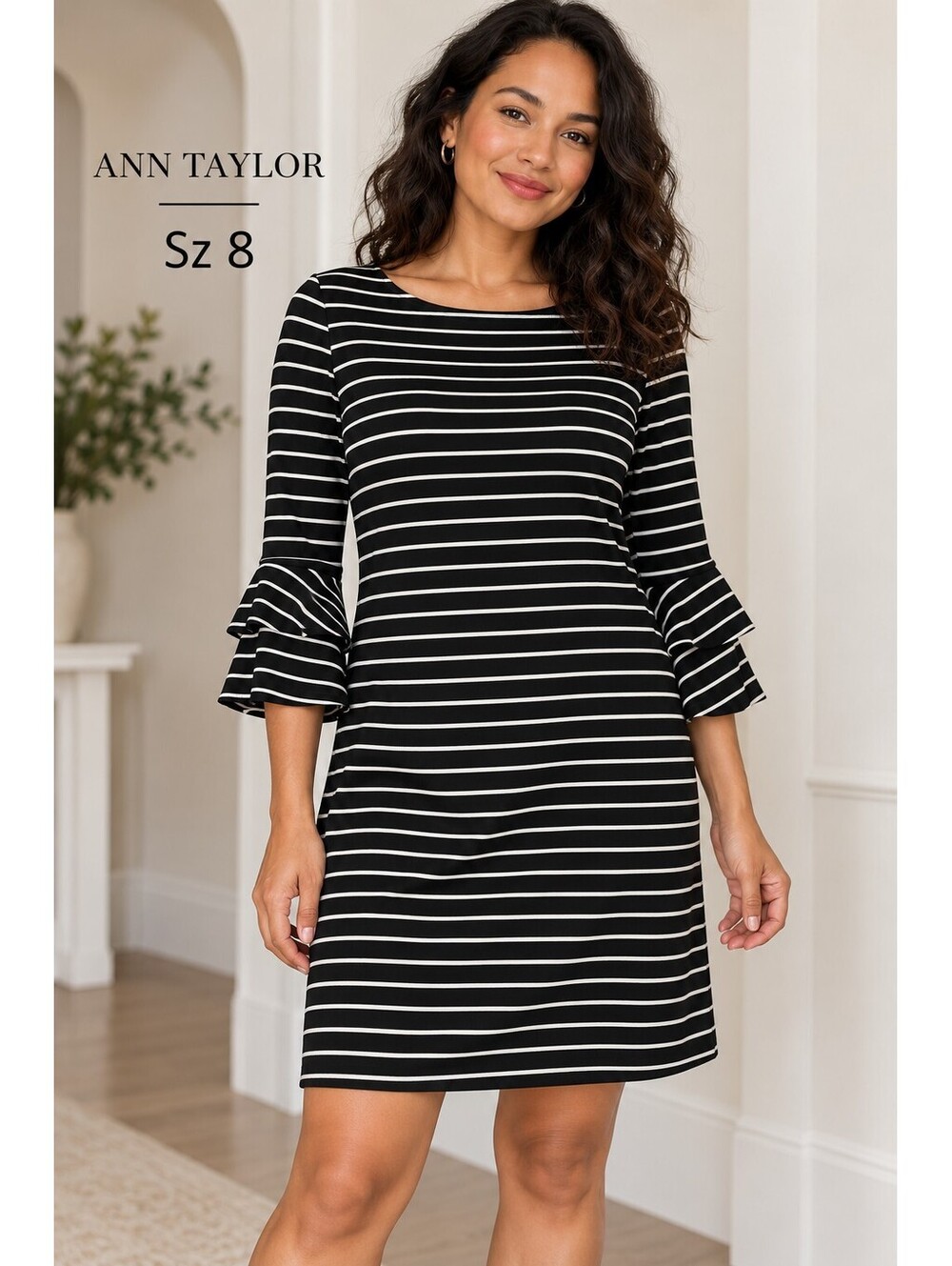 Ann Taylor | 10 | Black White Stripe Bell Sleeve Shift Dress